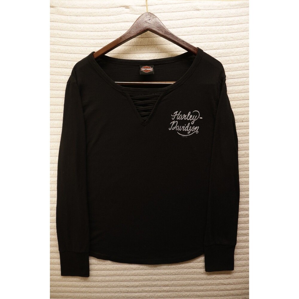 Harley-Davidson Women's Large Lace-Up V-Neck Thumb Holes Long Sleeve Black Top